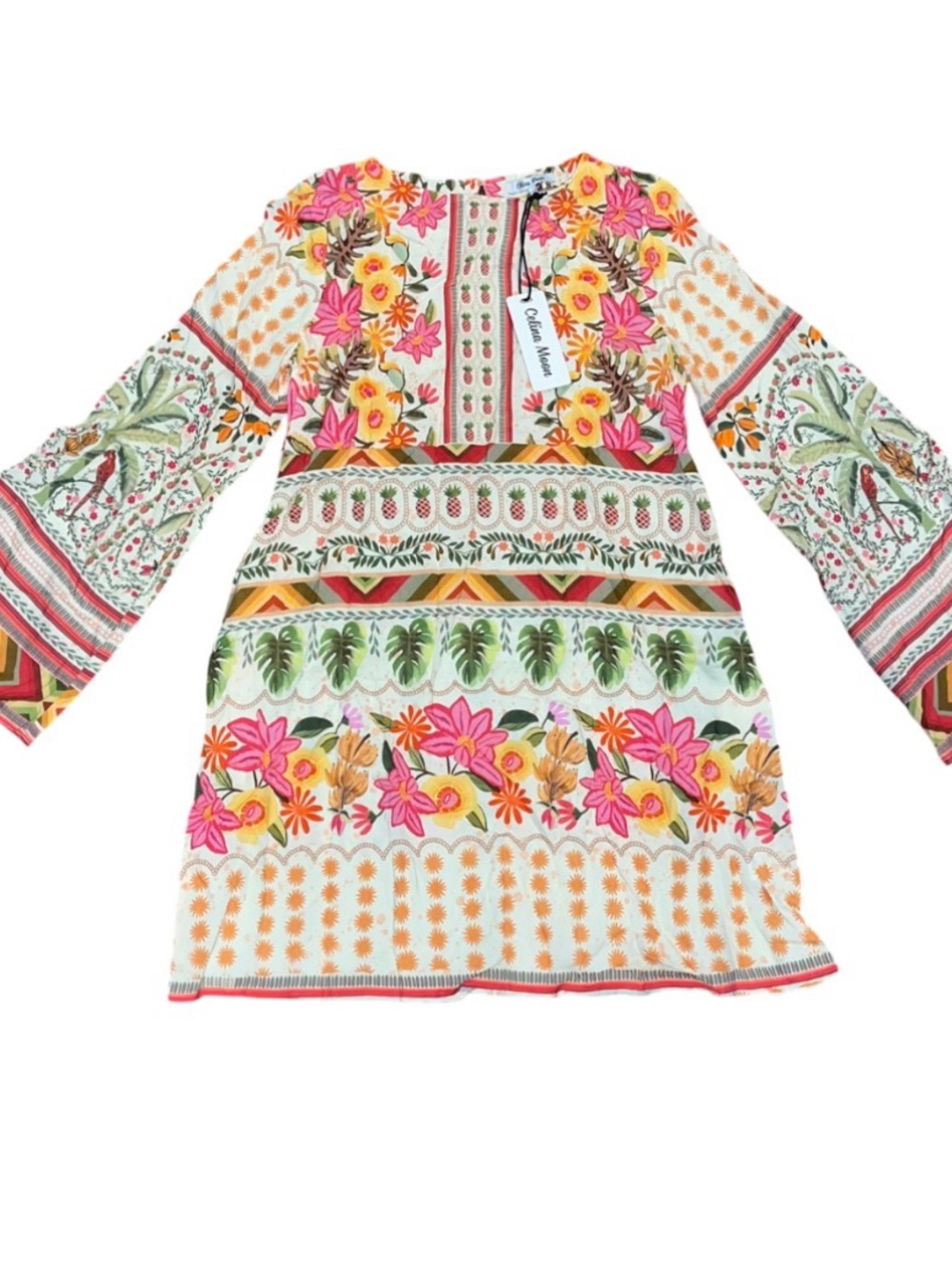 Celina Moon Beige Pink Orange Long Sleeve Short Dress Floral Palm NWT Small